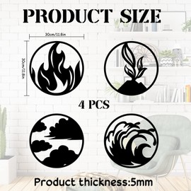 ORIGACH 4 Pieces Large Four Elements Minimalist Wood Wall Art, Wind, Water, Earth, Fire Vector Sign 4 Elements Symbols Wall Decor Black Wood Wall Decor Minimalist Decor, 11.8 Inches