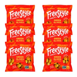 Freestyle Snacks Olive Snack Packs - Single Serve - Fresh Pitted Green Olives, Jumbo-Sized, Grown in Greece, All Natural, Non-GMO, Paleo, Sugar-Free, Keto, Salty Snack - Hot and Spicy, 1.1oz (6 Pack)