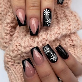 Black Christmas Press on Nails Winter Snowflake Fake Nails Medium Coffin Acrylic Glue on Nails with White Snowflake Glitters Designs Christmas Manicure False Nails for Women Nail Art Decoration 24Pcs