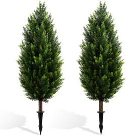 Hadoife 3ft Artificial Cedar Topiary Tree with Stakes - 39 Inch Set of 2 UV-Resistant & No Maintenance Faux Shrubs for Outdoor Decor, Fake Plants That Look Real​​