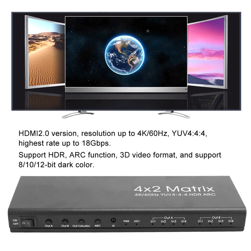 4x2 4K 60Hz HDMI 2.0 Matrix Switcher Splitter Adapter YUV4:4:4