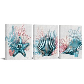 RyounoArt 3 Piece Coastal Wall Art Coral Shell Reef Painting Picture Bathroom Decor Teal Blue Ocean Prints for Kitchen Ready to Hang 12"x16" each