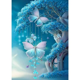 Lxmsja Blue Tree Diamond Painting Kits for Adults, 5D DIY Crystal Butterfly Diamond Art Kits, Landscape Full Drill Diamond Dots Wall Decor Gem Arts 12x16inch