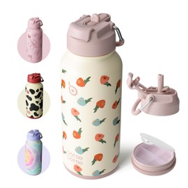 BOTTLE BOTTLE 32oz Insulated Water Bottle Stainless Steel Sport Water Bottle with Straw Dual-use Lid Design for Gym with Pill Box (Buds Rain)