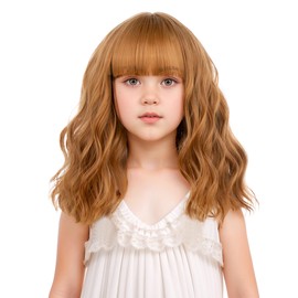 Edivd Kids Strawberry Blonde Wig Girls Short Blonde Wig with Air Bangs Short Orange Wavy Curly Wigs for Child Heat Resistant Synthetic Hair with Cap