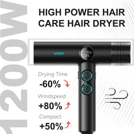 VGR 401 Negative Ionic Hair Dryer, Professional BLDC Motor Blow Dryer for Fast Drying, LED Display Low Noise Thermo and RPM-Control Hairdryer, Travel with Magnetic 1 Diffuser & 2 Nozzle, Black