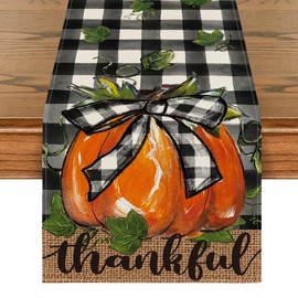 Artoid Mode Buffalo Plaid Bowknot Pumpkin Thankful Fall Table Runner, Autumn Thanksgiving Kitchen Dining Table Decoration for Home Party Decor 13x72 Inch