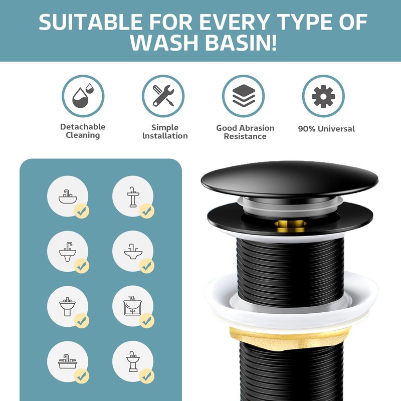 HOISGEAR Drain Fitting, Sink without Overflow, Pop-Up Valve for Washbasin,