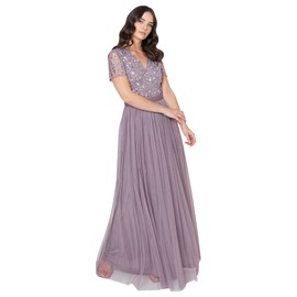 Maya Deluxe Women's Maxi Dress Ladies Bridesmaid V-Neck Ball Gown Short Sleeves Long Elegant Empire Waist Wedding, Moody Lilac, 24