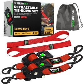 Rhino USA 2" x 10' Retractable Ratchet Straps 2-Pack - (3,033lb Break Strength) - Heavy Duty Self Retracting Tie Down Straps for Truck, Cargo Trailer:_Red_4-Pack