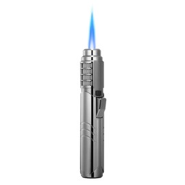 1800℃ Jet Torch Lighter,Butane Refillable Windproof Adjustable Flame Intensity with Flame Lock for Hiking Cooking Camping Outdoors (Silvery)