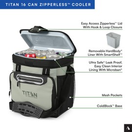 Titan by Arctic Zone 16 Can Zipperless Soft Cooler with HardBody Liner, Seagrass