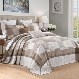 VatinHK 100% Cotton Oversized California King Bedspread 120"x128" Extra Wide Quilt - 3 Pieces Farmhouse Patchwork Plaid XL Bedspread Set, Lightweight Reversible Bedding Coverlet Set, Brown/Gray/Beige