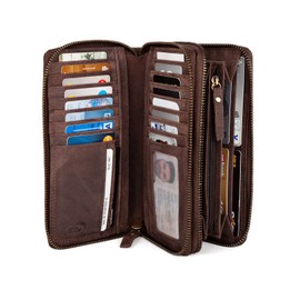 KRONIFY Women's Leather Wallet, Genuine Leather Wallet, Large Double Zip, Large, RFID Protection, Wallet with Coin Compartment, 29 Card Slots, Women's Wallet, Natural dark brown, Classic