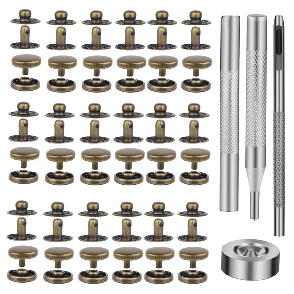 TLKKUE 50 Sets Leather Snap Fasteners Kit 10mm Bronze Metal Snap Buttons kit Stainless Steel with 4pcs Snap Fastener Installation Tools for Sewing Clothing, Bracelets, Jackets, Bags Belt, DIY Crafts