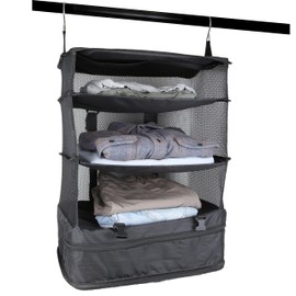 TRAVIGO Collapsible Hanging Luggage Organizer for Suitcases – Compression Packing Cube with 3 Compartments, Zipper Pocket & Hooks – Portable Travel Closet with Storage Straps