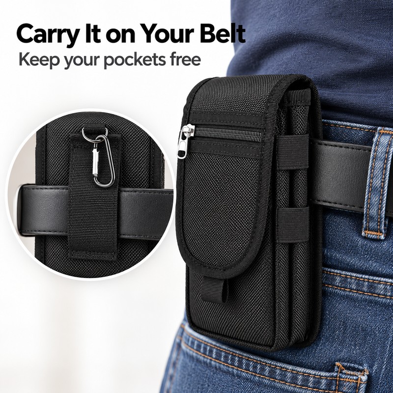 Phone Belt Pouch – Nylon Multi-Pocket Holder for Hands-Free Travel,