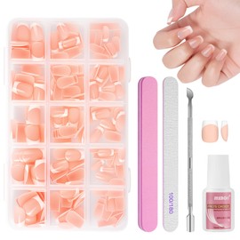 BUTBU French False Nails, 240 Pcs Short Round Square Press on Nails Kit, Full Cover Stick on Nails with Glue, 15 Sizes Nude Color Nail Tips for Women and Girls Manicure Art Salon (Pink)