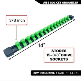 JIYOSE 1/2 inch, 3/8 inch, and 1/4 inch Drive Socket Rail Holders Yellow Orange Green… (Green,3/8-Inch Drive)