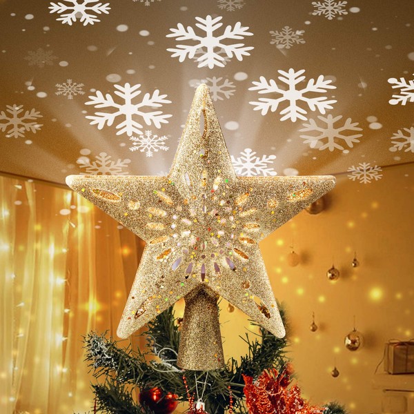 Christmas Star Tree Topper with Built-in Led Snowflake Projector Lights Hollowed Pentagram Tree Topper,Plug in Christmas Tree Ornament for Indoor Office Xmas New Year Holiday Tree Decoration