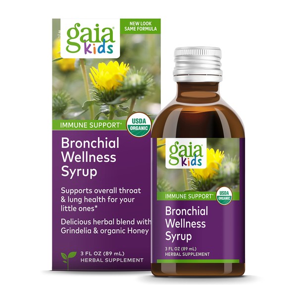 Gaia Herbs, GaiaKids Bronchial Wellness Syrup, Immune Health, Soothing Throat and Respiratory Support, Organic Honey Lemon Flavor, Physician Formulated, 3 Fluid Ounces