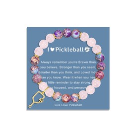 Unique Pickleball Gifts for Women, 8mm Beaded Pickleball Bracelet with Gold/Silver Pickleball Charm (Pink&Colorful-Gold)