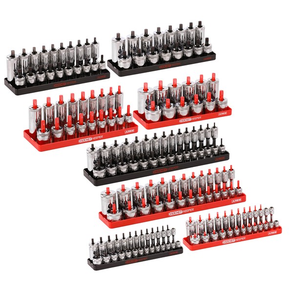 ARES 60141 – 8-Piece Metric & SAE Socket Keeper Socket Organizer Tray Set – Black & Red Socket Holders - Store 176 Standard & Deep Sockets