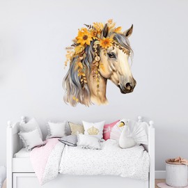 GRAZDesign Wall Sticker Horse with Flowers, Yellow for Girls, Wall Sticker for Children's Room and Girls' Room, Wall Decoration as Sticker - 34 x 30 cm
