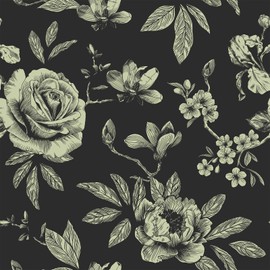 VaryFloral Vintage Black Rose Floral Wallpaper Peel and Stick Antique Moody Dark Flower Wallpaper Prepasted Decorative Floral Contact Paper 12"x118" Sticky Removable Room Wall Covering for Home Decor