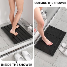 Domax Wooden Bamboo Bath Shower Mat- Non-Slip Waterproof Large Bathroom Floor Mat for Indoor Outdoor (Black, 21.26 x 14.17 x 1.3 Inches)
