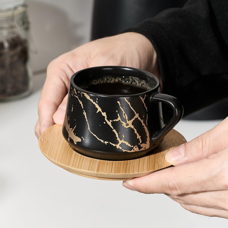 LUKA Ceramic Espresso Cups with Saucers and Metal Stand, Small