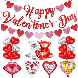 Red Glitter Happy Valentines Day Banner and Valentines Heart Garland Valentines Day Foil Balloons for Happy Valentine’s Day Party Decorations Valentines Wedding Anniversary Party Supplies