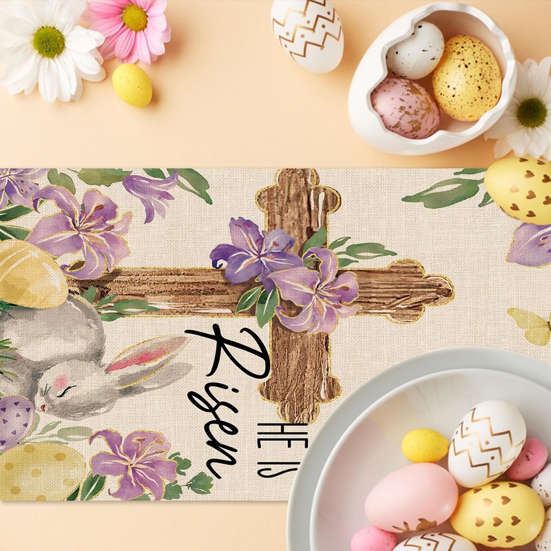 Uruney Christian Easter Lily Flower Table Runner, Religious Cross He