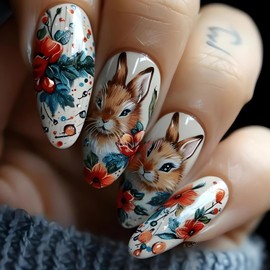 Easter Day Press on Nails Almond Shape Fake Nails with Rabbit Flower Design Medium Length Bunny Press on Nails Glossy Easter Day Fake Nails Cute Easter Rabbit Glue on Nails for Women Girls