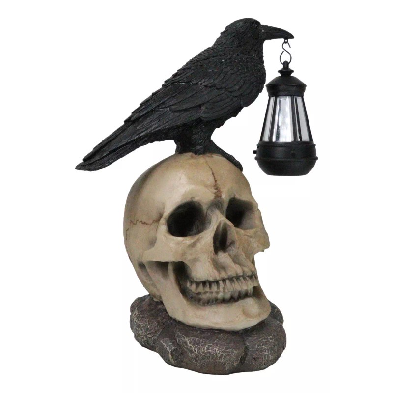 Edgar Corvus Raven Perching On Rose Skull Statue With Solar