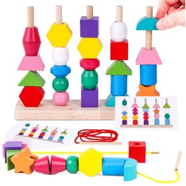 Montessori Beads Sequencing Toy Set, Wooden Stacking Blocks and Lacing Beads Matching Shape Stacker for 3+ Year Old STEM, Preschool Learning Montessori Toys Gifts for Kids Boy Girl