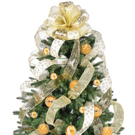 Ribtcute Gold Glitter Snowflake Christmas Tree Topper 11 inch Bow with 6 Ribbon Streamer Tails Each 3 Yards Long Christmas Tree Large Ribbon Bow Decoration