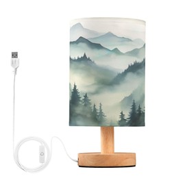 Qilmy Ink Mountain Landscape Bedside Table Lamp with LED Light Included, Button Switch Control for Bedroom Nightstand Lamp with USB Ports for Living Room Bedroom Home Office