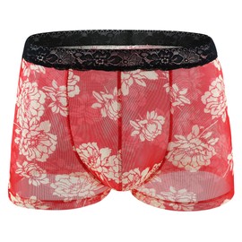 Swbreety Men Ice Silk Boxer Shorts Flower Printed Thin Panties Fashion Comfortable Underwear Boxers Red
