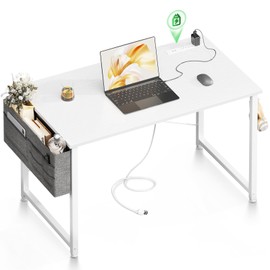 ODK Computer Desk - 40 Inch Office Writing Desk for Home, Student Study Desk with Storage Bag, Headphone Hook & Power Outlets, Modern Simple Table for Bedroom, White