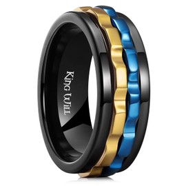 King Will Mens Blue Gold Gear Spinner Rings Stainless Steel Fidgets Two Color Gear Fidget Ring High Polish Anxiety Ring For Men Women Wedding Band 10