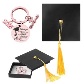 SERTAS 2025 Graduation Keepsake Keyring - Stainless Steel Pendant & Academic Cap Charm, Engraved with 2025" & Inspirational Quote, with Academic Cap Gift Box, Gift for Graduates (Rose Gold 02)