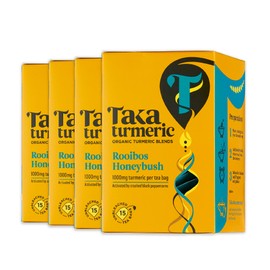 Taka Turmeric, 4 pack (60 Teabags) Organic Rooibos & Honeybush Tea Bags with Turmeric & Black Peppercorns, Turmeric Tea, Caffeine Free Redbush Tea Bags, Rooibos Tea Bags, Recyclable Packaging