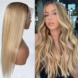 Mysyty Ash Blonde Straight Lace Front Wig Human Hair 13x4 Brown Blonde HD Transparent Lace Frontal Wigs Human Hair Pre Plucked With Baby Hair Glueless Wigs Human Hair 180% Density 24 Inch