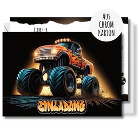 møij Monster Truck Invitation Cards + Matching Envelopes for Boys & Girls Children's Birthday - Made of Chrome Cardboard Pack of 12