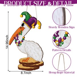 Lineshading Mardi Gras Sign Front Door Decor New Orleans Carnival Pelican Wooden Hanging Sign Mardi Gras Wood Hanger Masquerade Door Wreath for Holiday Indoor Outdoor Wall Window Decoration