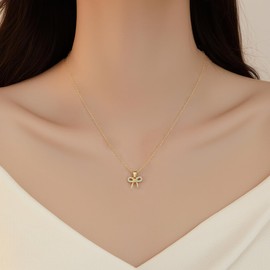 Reffeer Solid 925 Sterling Silver CZ Bow Necklace Choker for Women Teens Crystal Bow Pendant Necklace Bowknot (B-18K Gold)