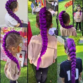 Purple Hair Extensions Pre-Braids Braiding Hair for Cosplay Halloween Stage Performances 24 Inch Ponytail Extension with Elastic Tie (purple, 28inch braids)