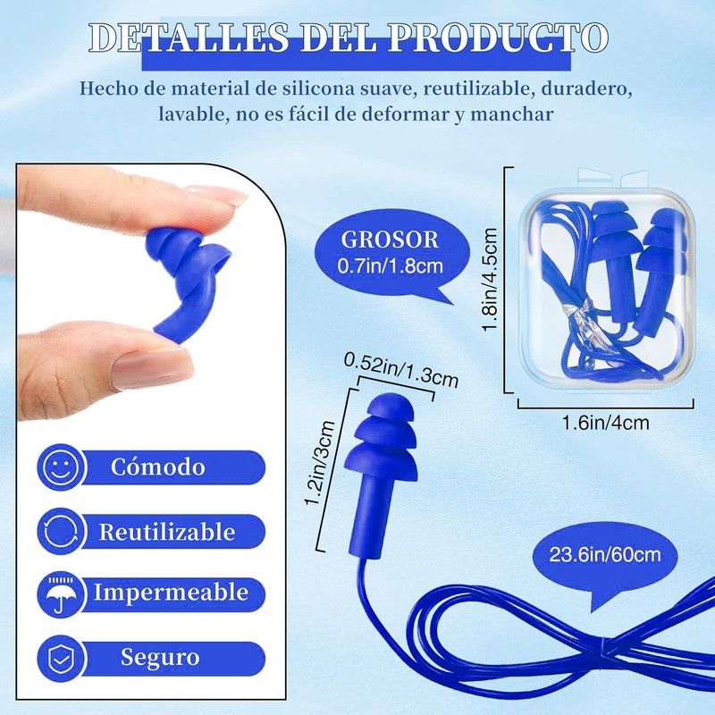 Tapones Oidos para Natación,Tapón Auditivo con Cable, Reutilizables