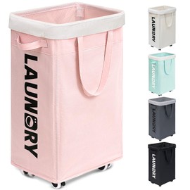Goodpick Pink Laundry Basket with Wheels, Dorm Room Essentials for Girls, 75L Collapsible Laundry Basket, Laundry Hamper with Handle for College Dorm